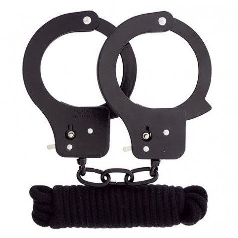 Чёрные наручники из листового металла в комплекте с веревкой BONDX METAL CUFFS&LOVE ROPE SET